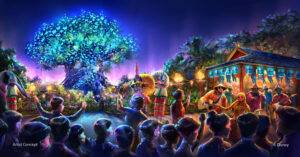 As part of the largest expansion in its history, DisneyÕs Animal Kingdom theme park will be adding all-new entertainment experiences including a new after-dark spectacular centered around and above Discovery River, new nighttime entertainment including live performers on Discovery Island (pictured) and a new night version of Kilimanjaro Safaris. (Concept art, Walt Disney Imagineering)