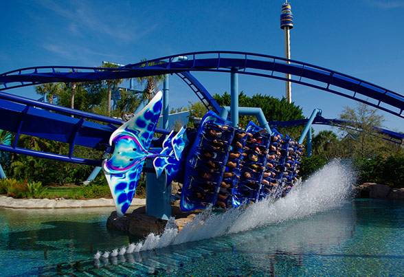 SeaWorld Mako coaster sideways by water 