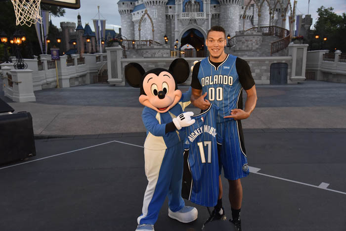 Mickey Mouse plays basketball with Orlando Magic’s Aaron Gordon as part of new sponsorship