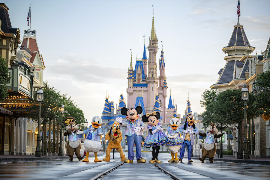 Beginning Oct. 1, 2021, Mickey Mouse and Minnie Mouse will host “The World’s Most Magical Celebration” honoring the 50th anniversary of Walt Disney World Resort in Lake Buena Vista, Fla. Mickey and Minnie will be joined by their best pals Donald Duck, Daisy Duck, Goofy, Pluto and Chip ‘n’ Dale all dressed in sparkling new looks, custom-made for the 18-month event, highlighted by embroidered impressions of Cinderella Castle on multi-toned, EARidescent fabric punctuated with pops of gold. (Matt Stroshane, photographer)