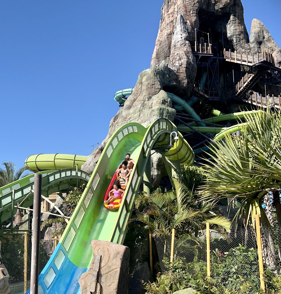 Universal’s Volcano Bay Aqua Coaster Going Down The Drop