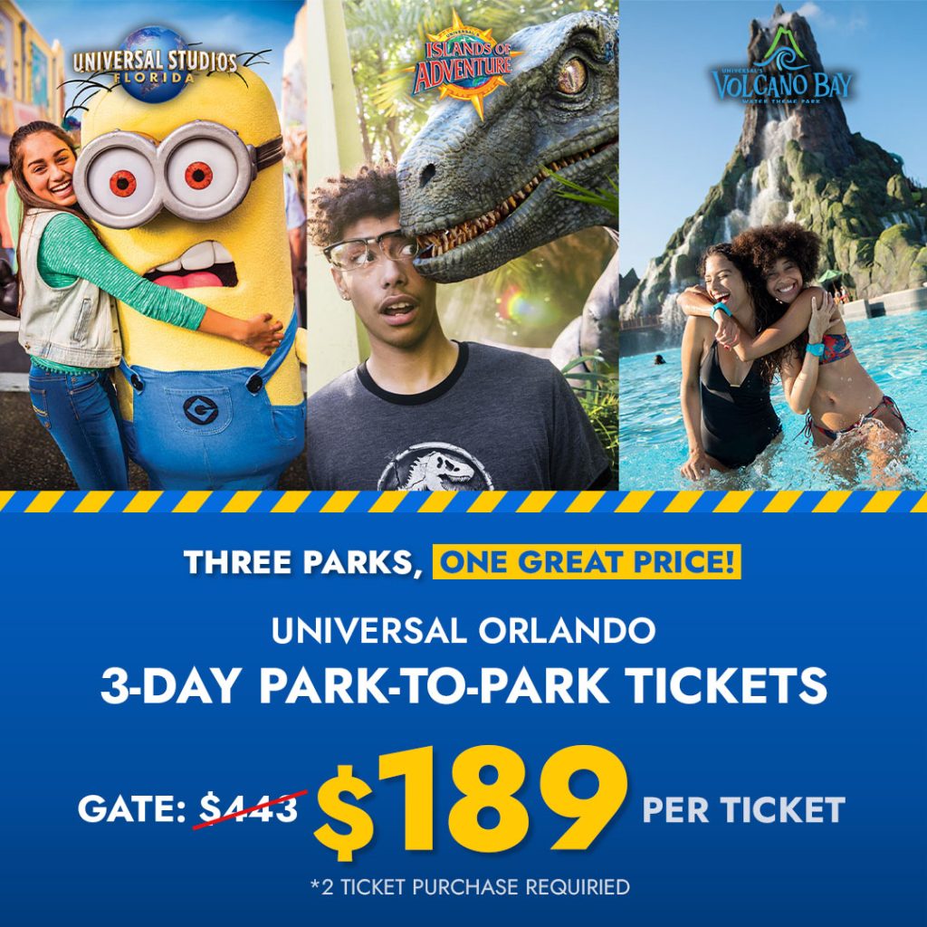 Universal 2 Park-to-Park Tickets + Volcano Bay For $189