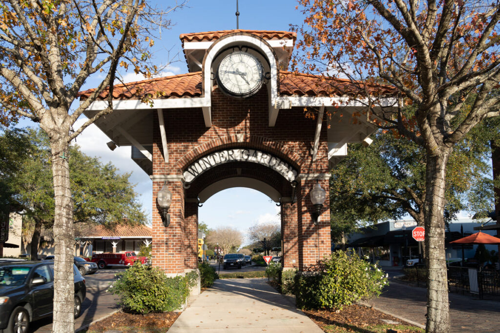 The clock tower and pavilion in Winter Garden