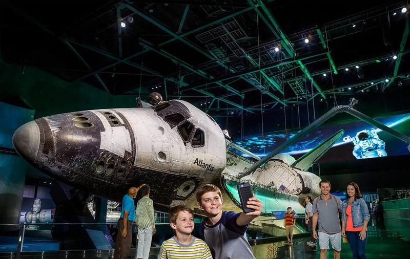 The space shuttle Atlantis, with its cargo arm extended, goes on display today the Kennedy Space Center Visitor Complex in Cape Canaveral, Fla.